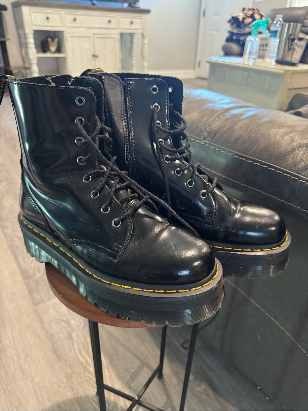 Dr. Martens Black Patent Jadon Platform Lace-Up Boots with Yellow Stitching